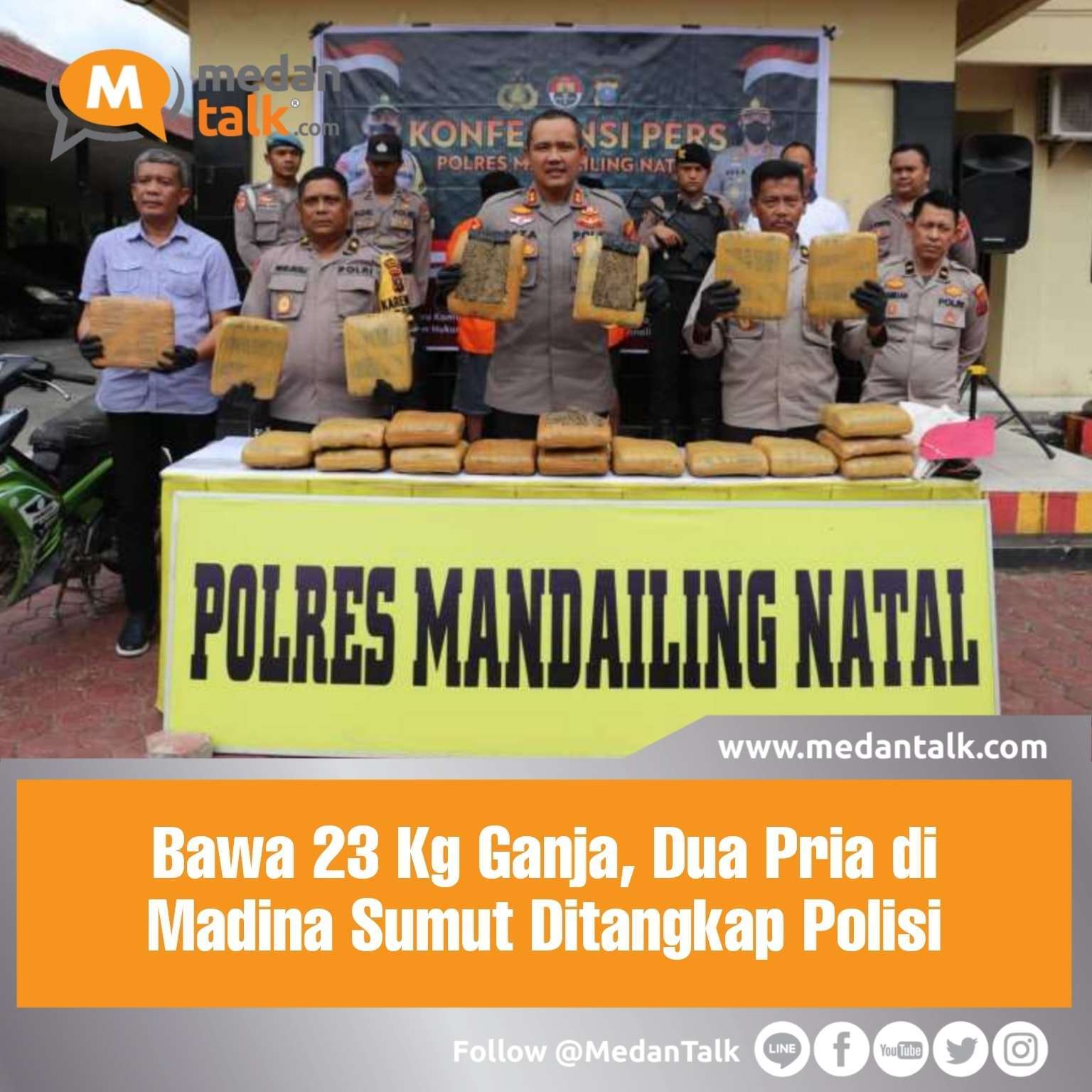 Bawa 23 Kg Ganja, Dua Pria di Madina Sumut Ditangkap Polisi

Dua orang pria di Kabupaten Mandailing Natal, Sumatera Utara (Sumut) bernama C (18) dan UG (21) ditangkap polisi. Mereka diciduk saat membawa ganja sebanyak 23 kg menggunakan karung.

Kapolres Madina, AKBP Reza Chairul mengatakan, penangkapan terjadi Sabtu (31/12/2022) dinihari. Tepatnya di Kelurahan Dalan Lidang, Kecamatan Penyabungan.

“Jadi informasi dari masyarakat, memberitahu ada 2 laki-laki berboncengan mengendarai sepeda motor Yamaha Jupiter MX, membawa bungkusan goni plastik dibalut kain sarung dan kaos melintasi Desa Sipapaga, menuju arah Panyabungan,” ujar Reza dalam keterangannya, Rabu (4/1/2023).

Mendapat informasi itu, polisi lalu menindaklanjuti kasus ini dan menangkap ke dua pelaku di lokasi kejadian. Dari sana polisi mengamankan 23 Kg di dalam karung.

“Barang haram itu di dapatkan dari WI (buron). Barang itu akan dikirim ke Jakarta,” katanya.

Para pelaku dijanjikan Rp 1 juta per 1 Kg, apabila berhasil mengantarkan ganja tersebut. Hingga kini, polisi masih menyelidiki jaringan dari pelaku.

Atas perbuatannya pelalu dikenakan Pasal 115 ayat (2) Subs 114 ayat (2) Subs Pasal 111 ayat (22) UU RI Nomor 35 Tahun 2009 Tantang Narkotika dengan pidana mati atau pidana penjara seumur hidup, atau pidana penjara paling singkat 6 Tahun dan paling lama 20 tahun.

Sumber : indiespot.id