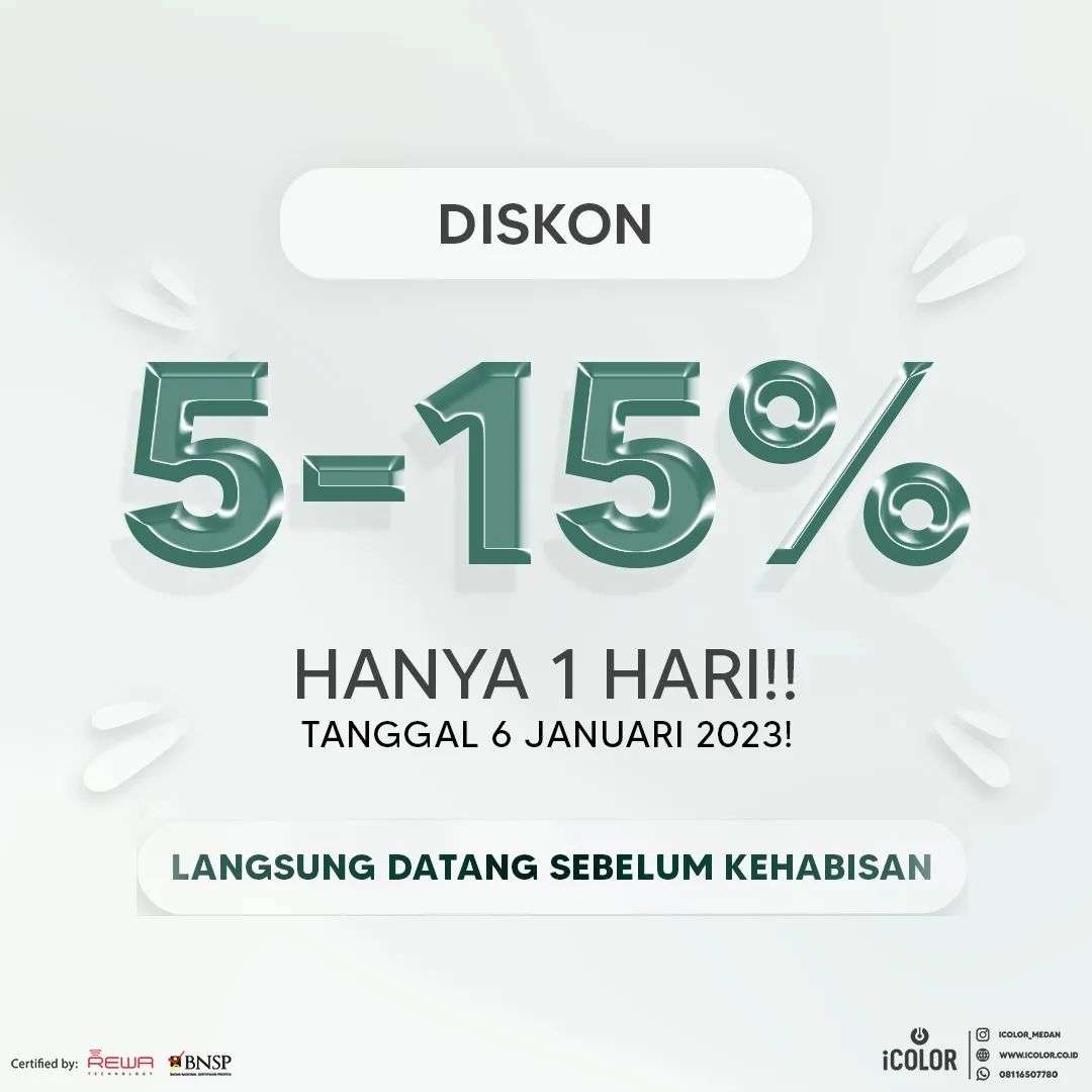 Hanya 1 Hari tanggal 6 Januari dari jam 9.30 pagi sampai jam 15:00 ada potongan 5-15% dari transaksi apa saja di @icolor_medan

Yuk buruan Serbuuu!!!