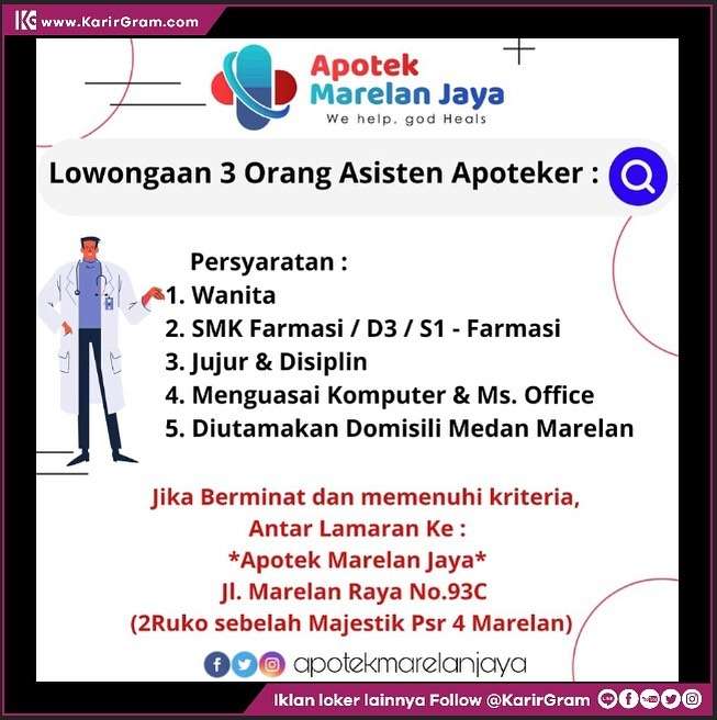 Lowongan Kerja 3 Orang ASISTEN APOTEKER

Bagi yang berminat dan memenuhi syarat segera kirim lamaran lengkap ke :
Apotek Marelan Jaya
Jl. Marelan Raya No. 93C
(2Ruko sebelah Majestik Psr 4 Marelan)

•• Untuk informasi motivasi dan Lowongan Kerja lainnya Follow @KarirGram 

•• Silakan browse website www.KarirGram.com utk mudah searching lowongan kerja sesuai posisi yang anda inginkan