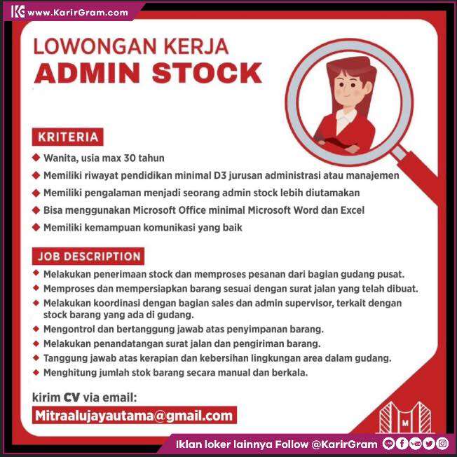 Lowongan Kerja ADMIN STOCK 

Bagi yang berminat dan memenuhi syarat segera kirim lamaran lengkap melalui 
E-mail : Mitraalujayautama@gmail.com

•• Untuk informasi motivasi dan Lowongan Kerja lainnya Follow @KarirGram 

•• Silakan browse website www.KarirGram.com utk mudah searching lowongan kerja sesuai posisi yang anda inginkan