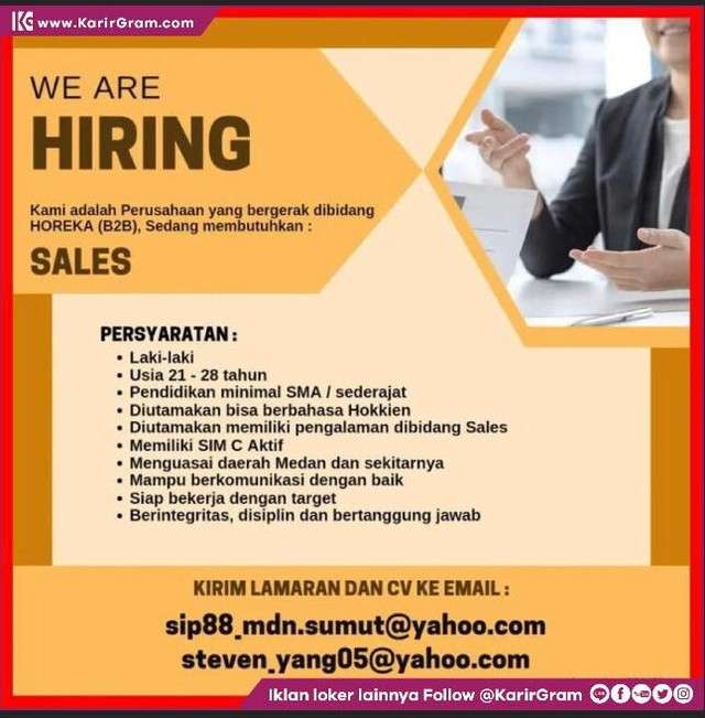 Lowongan Kerja SALES

Bagi yang berminat dan memenuhi syarat segera kirim lamaran lengkap melalui E-mail : 
sip88_mdn.sumut@yahoo.com
steven_yang05@yahoo.com

•• Untuk informasi motivasi dan Lowongan Kerja lainnya Follow @KarirGram 

•• Silakan browse website www.KarirGram.com utk mudah searching lowongan kerja sesuai posisi yang anda inginkan