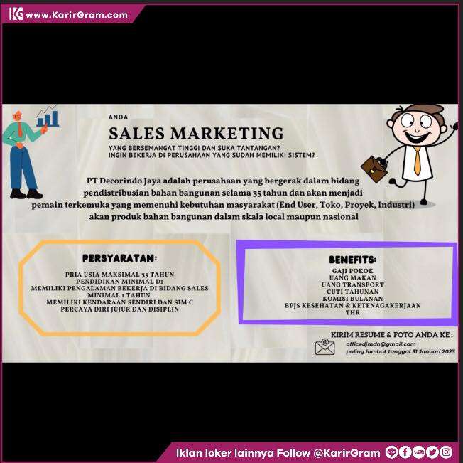 Lowongan Kerja SALES MARKETING

Bagi yang berminat dan memenuhi syarat segera kirim lamaran lengkap melalui Email : officedjmdn@gmail.com
Paling lambat tanggal 31Januari 2023

•• Untuk informasi motivasi dan Lowongan Kerja lainnya Follow @KarirGram 

•• Silakan browse website www.KarirGram.com utk mudah searching lowongan kerja sesuai posisi yang anda inginkan