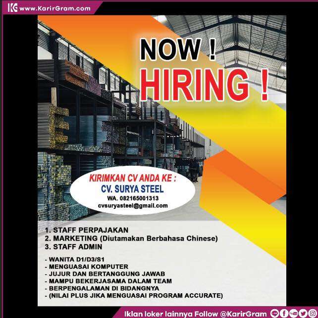Lowongan Kerja STAFF PERPAJAKAN, MARKETING dan STAFF ADMIN

Bagi yang berminat dan memenuhi syarat segera kirim lamaran lengkap ke :
CV. Surya Steel 
WA: 082165001313
cvsuryasteel@gmail.com

•• Untuk informasi motivasi dan Lowongan Kerja lainnya Follow @KarirGram 

•• Silakan browse website www.KarirGram.com utk mudah searching lowongan kerja sesuai posisi yang anda inginkan