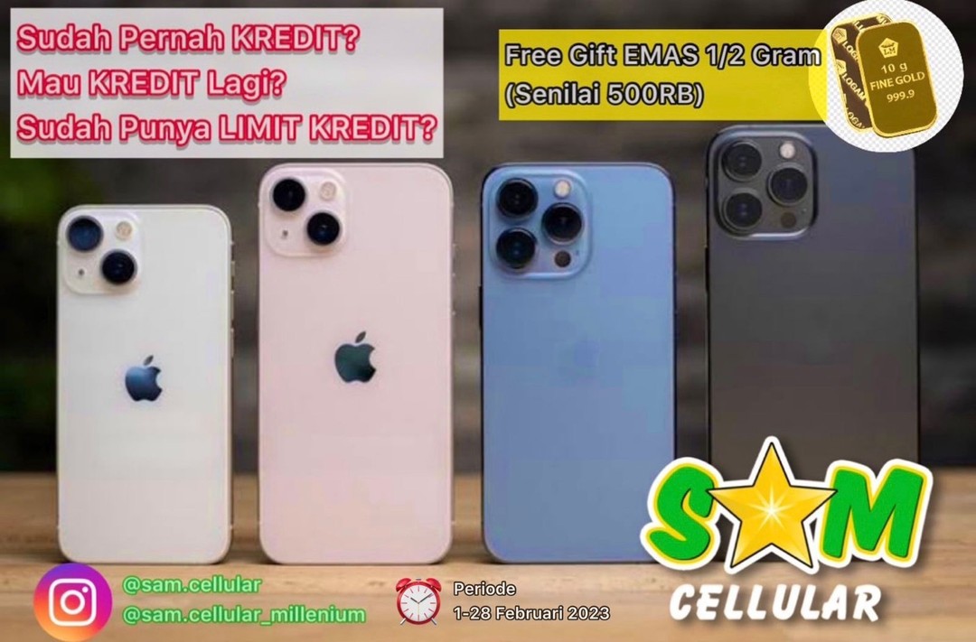 PROMO BOMBASTIS dari @sam.cellular & @sam.cellular_millenium 

️ KHUSUS KONSUMEN YANG SUDAH PERNAH KREDIT (atau) MAU KREDIT LAGI (atau) SUDAH PUNYA LIMIT KREDIT.
(Khusus Member Home Credit, Member Kredivo, Member FIF)
 Free Gift EMAS 1/2 Gram (Senilai 500RB) 

️Setiap Kredit IPHONE.
GRATIS : Adaptor, Antigores, Anticrack, dan Pelindung Kamera.
