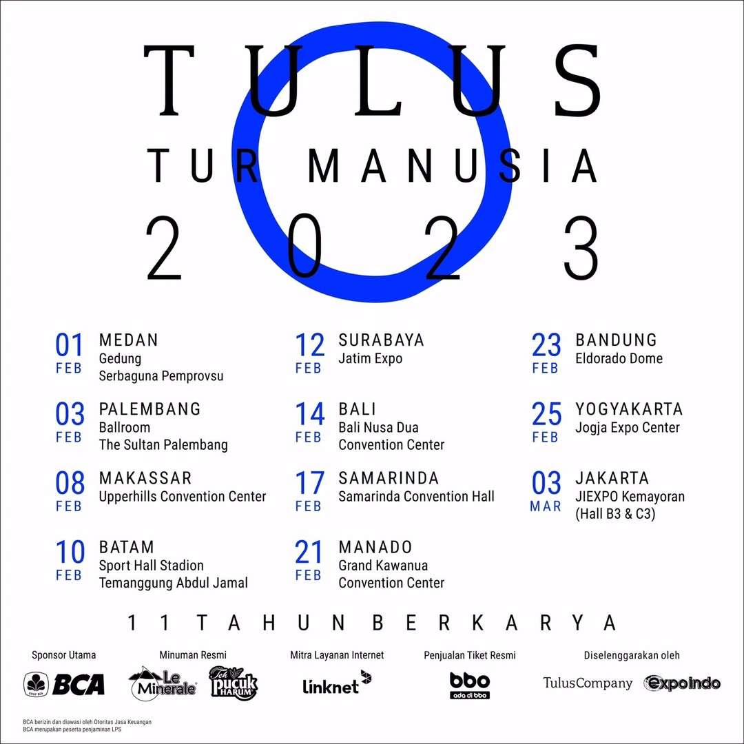 Tur Tulus Manusia 2023 hadir di Medan! Jangan lewatkan konser spesial 11 Tahun Berkarya bersama Tulus. Tanggal 1 Februari 2023 di Gedung Serbaguna Pemprovsu. Tiket bisa kamu dapatkan di aplikasi BBO dan Loket.com

Info lengkap bisa cek di @bbo.co.id & @expoindo.id
