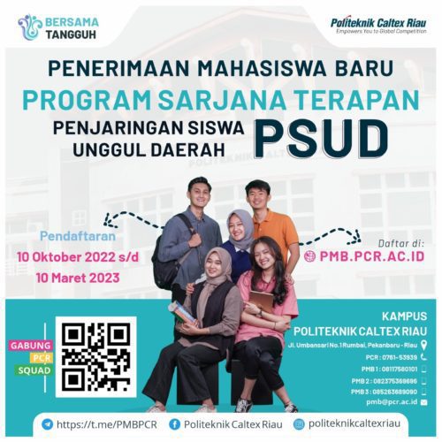 BULAN MARET, PENDAFTARAN PSUD PCR DITUTUP!!! Yuk Segera daftar di pmb.pcr.ac.id

Politeknik Caltex Riau kembali membuka penerimaan mahasiswa baru untuk tahun 2023. Jalur yang dibuka saat ini adalah Penjaringan Siswa Unggul Daerah (PSUD). Jalur PSUD dibuka hingga tanggal 10 Maret 2023 mendatang.

Mau tau apa itu PSUD ? PSUD merupakan salah satu jalur penerimaan mahasiswa baru Politeknik Caltex Riau. Pada jalur ini, seleksi calon mahasiswa mengacu pada rata-rata nilai rapor dan prestasi siswa. Selain itu, lebih dari 50 ℅ kuota mahasiswa baru PCR berasal dari jalur PSUD lho.
Berikut dibawah ini keuntungan mengikuti jalur PSUD
1. Pendaftaran PSUD sangat mudah, cukup akses website https://pmb.pcr.ac.id
2. Tidak ada seleksi ujian. Seleksi berdasarkan nilai rapor semester 1 - 4 dengan minimal rata-rata 7.5/75
3. Gratis Biaya Pendaftaran
4. Biaya daftar ulang lebih murah dibandingkan jalur lain
5. Memiliki peluang yang besar untuk memilih program studi yang di inginkan

Untuk informasi lebih lanjut bisa kunjungi website kita di https://pmb.pcr.ac.id atau hubungi panitia Telp/WA di nomor 0823-7536-9696, 0811-758-0101 atau 0852-6368-9090