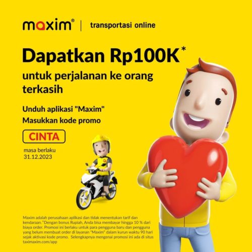 Janjian dengan orang terkasih nggak perlu khawatir telat lagi, kan ada Maxim Bike! Ayo download Maxim sekarang! Jangan lupa gunakan kode promo "CINTA" untuk mendapatkan saldo sebesar Rp 100 ribu untuk potongan biaya 10% buat perjalanan dan pengirimanmu!