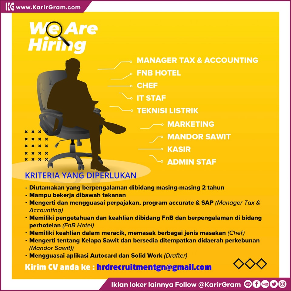 LOWONGAN KERJA MANAGER TAX & ACCOUNTING, FNB HOTEL, CHEF, IT STAF, TEKNISI LISTRIK, MARKETING, MANDOR SAWIT, KASIR, ADMIN STAF

Dibutuhkan segera:

- MANAGER TAX & ACCOUNTING
- FNB HOTEL
- CHEF
- IT STAF
- TEKNISI LISTRIK
- MARKETING
- MANDOR SAWIT
- KASIR
- ADMIN STAF

KRITERIA YANG DIPERLUKAN :

- Diutamakan yang berpengalaman dibidang masing-masing 2 tahun
- Mampu bekerja dibawah tekanan
- Mengerti dan mengguasai perpajakan, program accurate & SAP (Manager Tax & Accounting)
- Memiliki pengetahuan dan keahlian dibidang FnB dan berpengalaman di bidang perhotelan (FnB Hotel)
- Memiliki keahlian dalam meracik, memasak berbagai jenis masakan (Chef)
- Mengerti tentang Kelapa Sawit dan bersedia ditempatkan didaerah perkebunan (Mandor Sawit)
- Mengguasai aplikasi Autocard dan Solid Work (Drafter)

Kirim CV anda ke : hrdrecruitmentgn@gmail.com
.
•• Untuk informasi motivasi dan Lowongan Kerja lainnya Follow @KarirGram

•• Silakan browse website www.KarirGram.com utk mudah searching lowongan kerja sesuai posisi yang anda inginkan