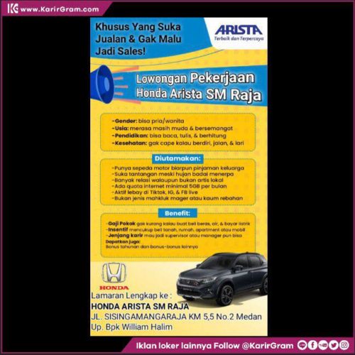 Lowongan Kerja SALES

Bagi yang berminat dan memenuhi syarat segera kirim lamaran lengkap ke :
HONDA ARISTA SM RAJA
Jl. Sisingamangaraja km 5,5 No. 2 Medan
Up. Bapak William Halim

•• Untuk informasi motivasi dan Lowongan Kerja lainnya Follow @KarirGram 

•• Silakan browse website www.KarirGram.com utk mudah searching lowongan kerja sesuai posisi yang anda inginkan