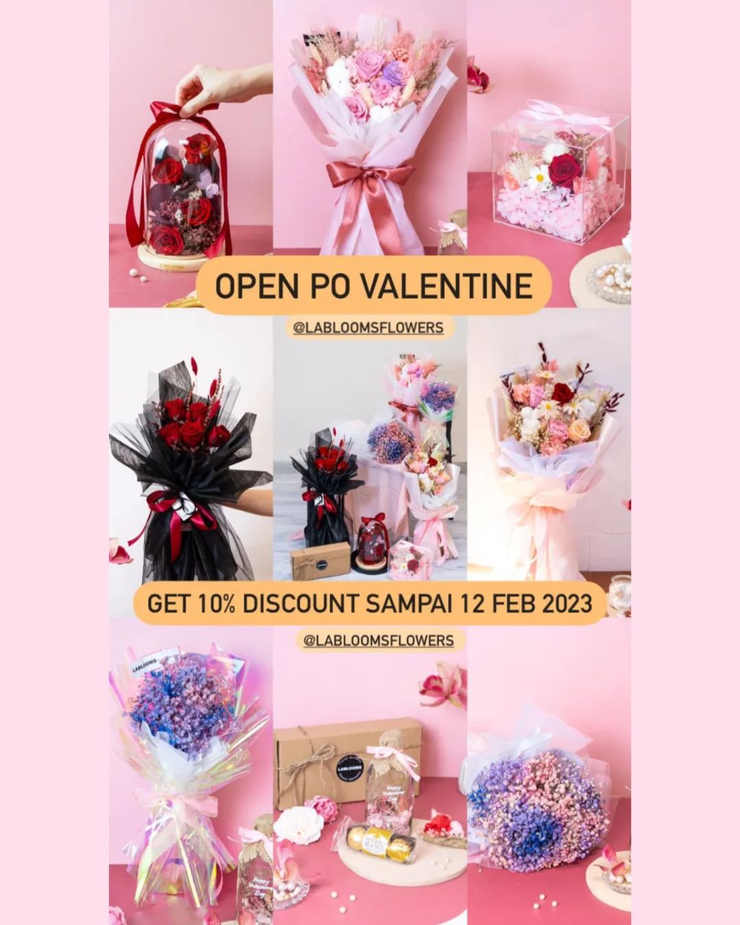 Open PO VALENTINE ️ 
Beberapa hari lagi kita akan merayakan hari penuh cinta ! ️
Untuk order valentine, dapat dipesan mulai dari sekarang, dan dapat kamu kirim di tgl 14. 
Dapatkan special promo diskon 10% sampai 12 Feb 2023. 
.
Instagram : @labloomsflowers 
Whatsapp : 0821 80641690