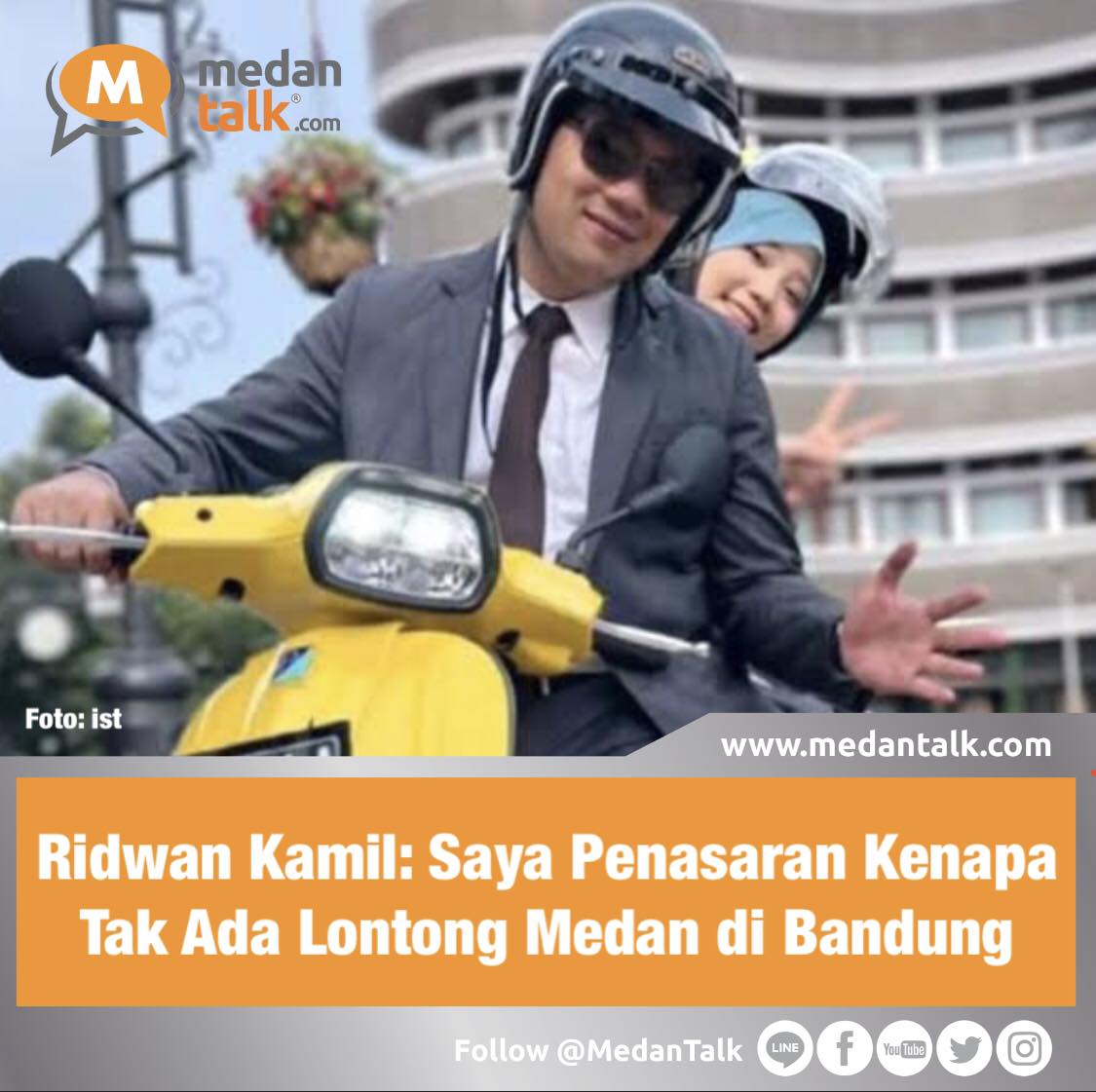 Ridwan Kamil: Saya Penasaran Kenapa Tak Ada Lontong Medan di Bandung

Gubernur Jawa Barat Ridwan Kamil (RK) melakukan kunjungan kerja ke Kota Medan, Sumatera Utara. Dalam kunjungan itu, RK sempat mencicipi lontong khas Medan.
Ridwan Kamil awalnya menyampaikan pujian terhadap makanan di Medan. Dia menyebut makanan di Medan memiliki harga yang murah, tapi enak.

"Bintang lima, harga kaki lima," kata RK ketika ditanyai soal rasa makanan di Medan, Rabu (1/2/2023) malam.

RK menyebut ada sejumlah perbedaan tentang kuliner di Medan dengan di Jawa Barat khususnya Kota Bandung. Salah satunya adalah lontong Medan, yang tidak ada di Bandung.

"Beda. Terutama saya penasaran kenapa tidak ada lontong Medan di Bandung," sebutnya.

RK kemudian mengaku telah mencicipi lontong Medan itu. Dia menikmati lontong Medan saat bertemu dengan mantan Gubernur Sumut Syamsul Arifin.

"Saya tadi sama Datuk Syamsul Arifin makan lontong Medan. Enak sekali," tuturnya.

Selain lontong, RK juga membahas soal durian. Menurutnya, durian di Jawa Barat juga ada, namun tidak terkenal seperti di Medan.

"Durian ada, tapi tidak seterkenal Medan. Medan mah sudah juara," jelasnya.

Sumber: detiksumut