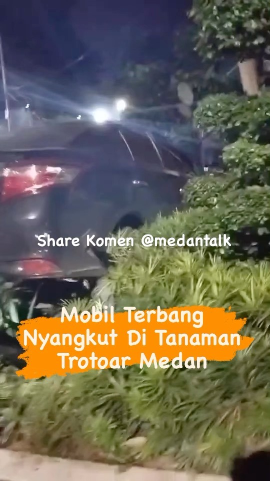 Diduga Ngebut, Mobil Hitam tabrak mobil putih dan terbang nyangkut di tanaman