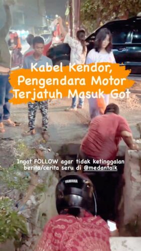 Waspada! Ada kabel kendor, sehingga pengendara sepeda motor terjatuh masuk got Kejadian