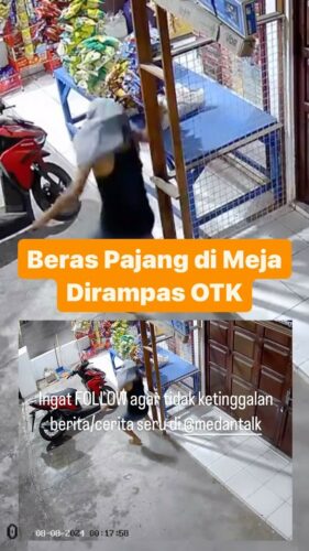 Beras pajang di Meja Warung Binjai di rampas seorang Pria terekam CCTV