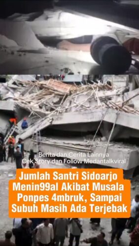 Bangunan tiga lantai Pondok Pesantren (Ponpes) Al Khoziny yang tengah dicor 4mbruk. Ratusan santri yang berada di dalamnya tert1mpa reruntuhan beton.
Dari informasi yang dihimpun dari Polsek Buduran, sebanyak 84 santri jadi korb*n berhasil dievakuasi. Mereka kini dirawat di tiga rumah s*kit yakni RSUD Sidoarjo, Delta Surya dan RSI Siti Hajar.
Rinciannya 34 pasien menjalani perawatan di RSUD Sidoarjo R. Notopuro, dengan rincian 26 mengalami luk4 ringan dan 8 luk4 berat. Sementara itu, 45 korb*n lainnya dirawat di Rumah Sakit Islam (RSI) Siti Hajar Sidoarjo.
Lalu 4 korb*n lagi dirawat di RS Delta Surya. Dari jumlah tersebut, satu santri bernama Alfian Ibrahim (11), asal Bangkalan, Madura menin99al dunia di RSI Siti Hajar.
Jumlah itu masih akan bertambah karena diduga masih ada banyak korb*n yang masih tert1mpa di rer*ntuhan. Hingga kini para korb*n yang masih tert1mbun reruntuhan masih dilakukan evakuasi.
Humas RSI Siti Hajar, dr Erli Mawar Nuraini, mengatakan sebagian korb*n sudah diperbolehkan pulang setelah mendapatkan perawatan awal. Ia menambahkan, hingga Senin sore sudah ada sekitar 20 pasien yang dipulangkan.
Sampai saat ini Polisi bersama BPBD dan Basarnas dan Tagana Sidoarjo masih melakukan pendataan di lokasi untuk memastikan tidak ada korb*n lain yang tertinggal di reruntuhan bangunan.
Sebelumnya, sebuah bangunan di asrama putra Pondok Pesantren Al Khoziny di Desa Buduran, Sidoarjo 4mbruk. Akibatnya banyak yang tert1mbun reruntuhan.
Ketua RT setempat, Munir mengatakan 4mbruknya bangunan terjadi pada sekitar pukul 15.00 WIB. Sedangkan bangunan yang 4mbruk musala.
"Habis salat asar itu ada suara gemuruh ada getaran seperti g3mpa ternyata musala," kata Munir, Senin (29/9/2025).
Utk Berita & video Viral follow @medantalkviral