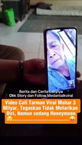 Tarman, pengantin pria yang Viral beberapa waktu yang lalu yang memberikan Mahar 3 Milyar, namun diduga Tarman melarikan diri.
Namun siapa sangka beredar video beberapa orang sedang videocall dengan Tarman dan menegaskan bahwa dia tidak melarikan diri, melainkan sedang Honeymoon bersama istri.
Utk Berita & video Viral follow @medantalkviral
